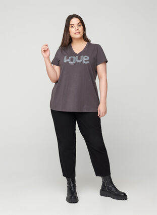 T-shirt en coton à manches courtes et col en V, Black Acid, Model image number 2