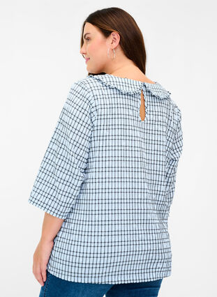 Geruite blouse met 3/4-mouwen en kraag met ruches, Light Blue Check , Model image number 1