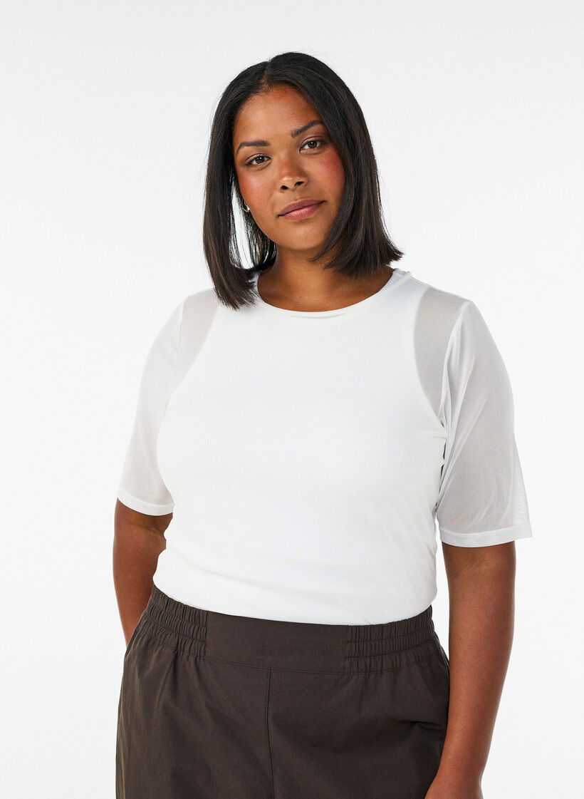 Mesh top met korte mouwen en ronde hals, Vanille, Model image number 0