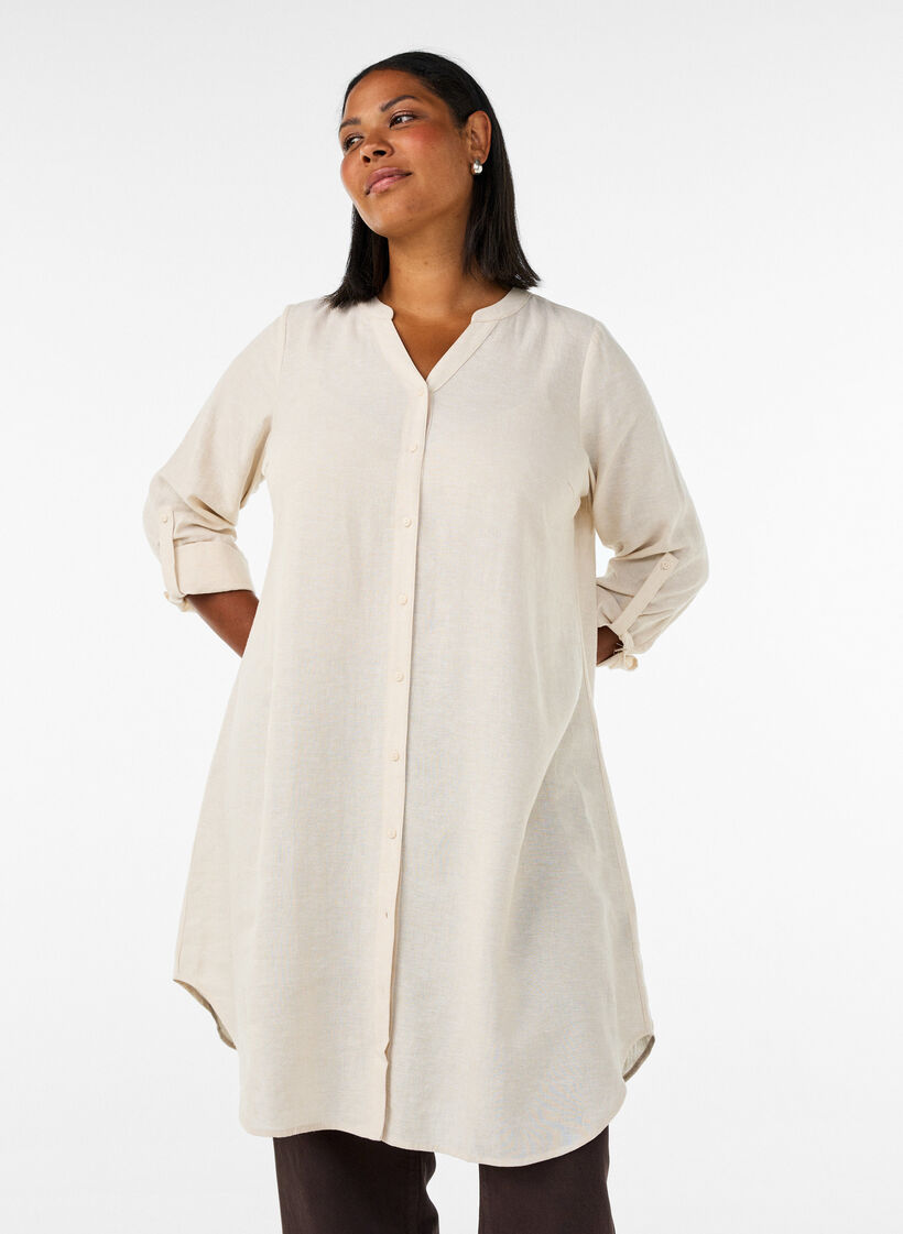 Lang shirt in linnen en viscose, Beige, Model image number 1