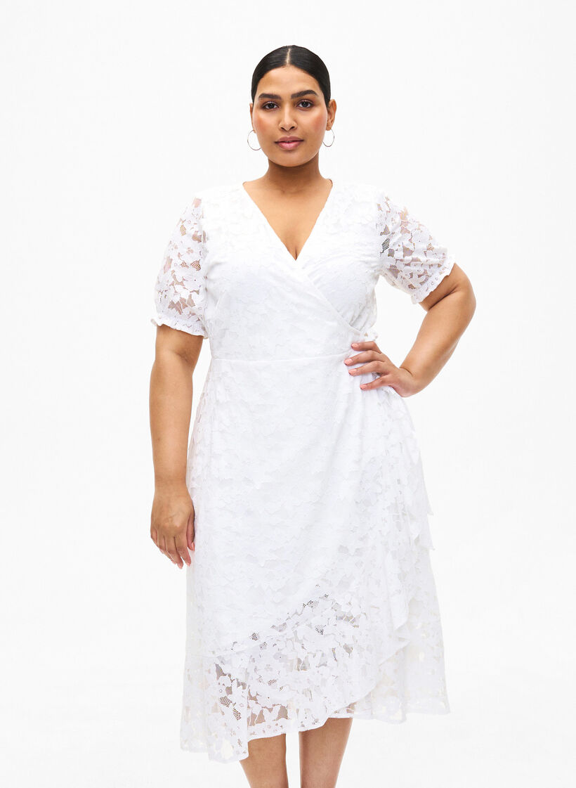 Robe cache-cœur avec dentelle et manches courtes, Bright White, Model image number 0