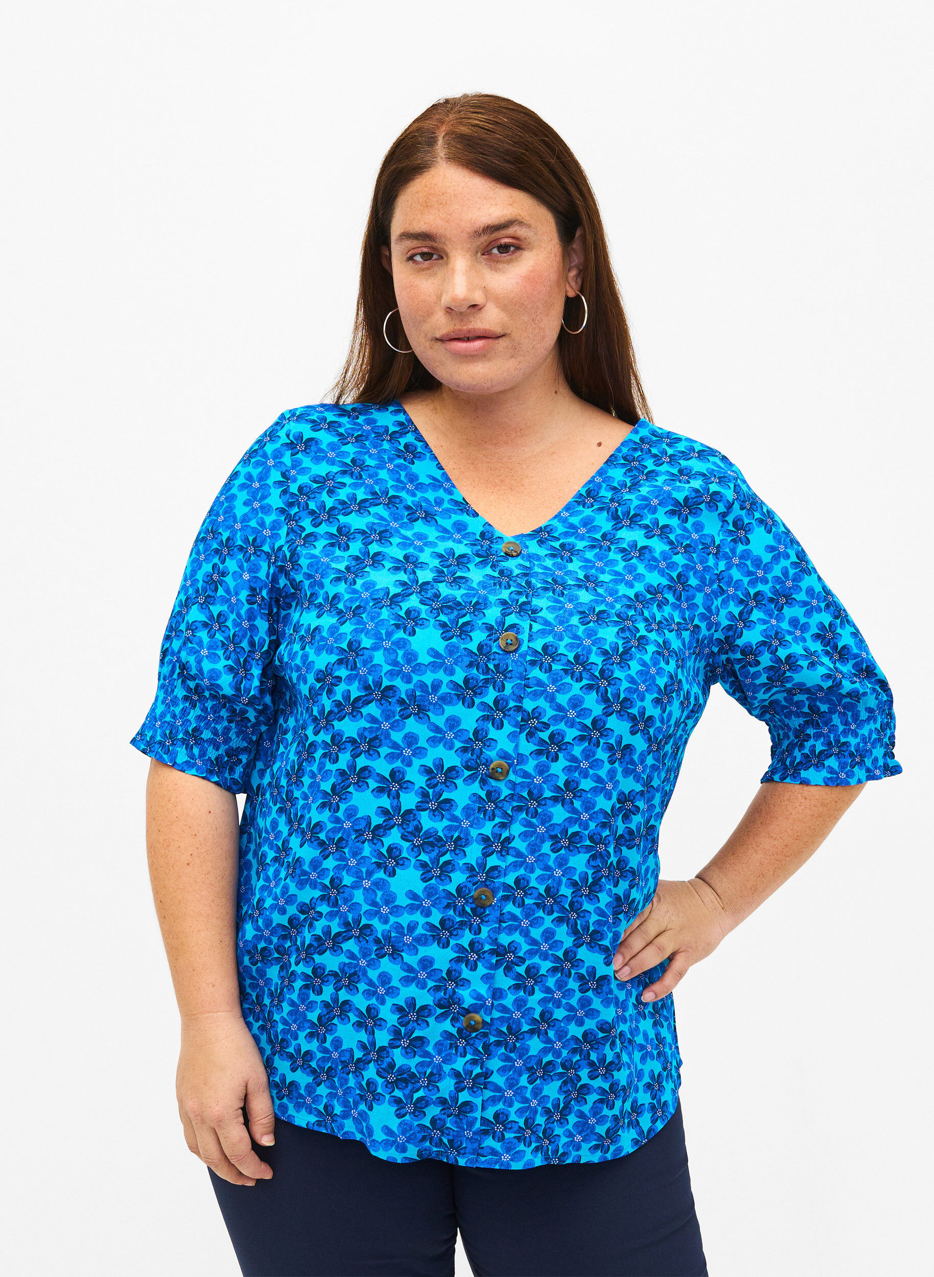 ZizziViscose blouse met knopen, Blue Small Flower, Model image number 0