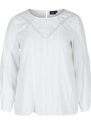 Katoenen top met lange mouwen en borduursel, Bright White, Packshot image number 0