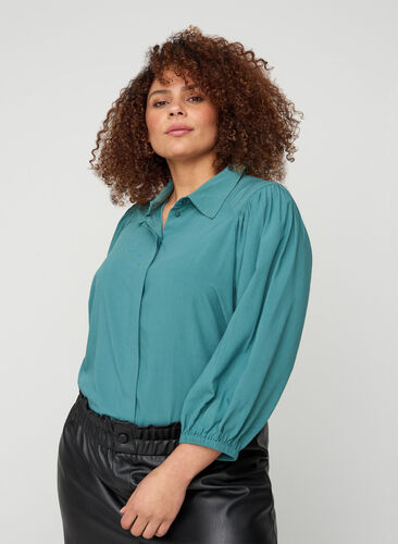 Viscose blouse met 3/4 pofmouwen, Sea Pine, Model image number 0