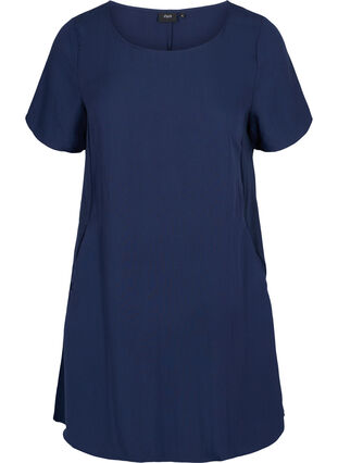 Viscose jurk met korte mouwen en zakken, Navy Blazer, Packshot image number 0