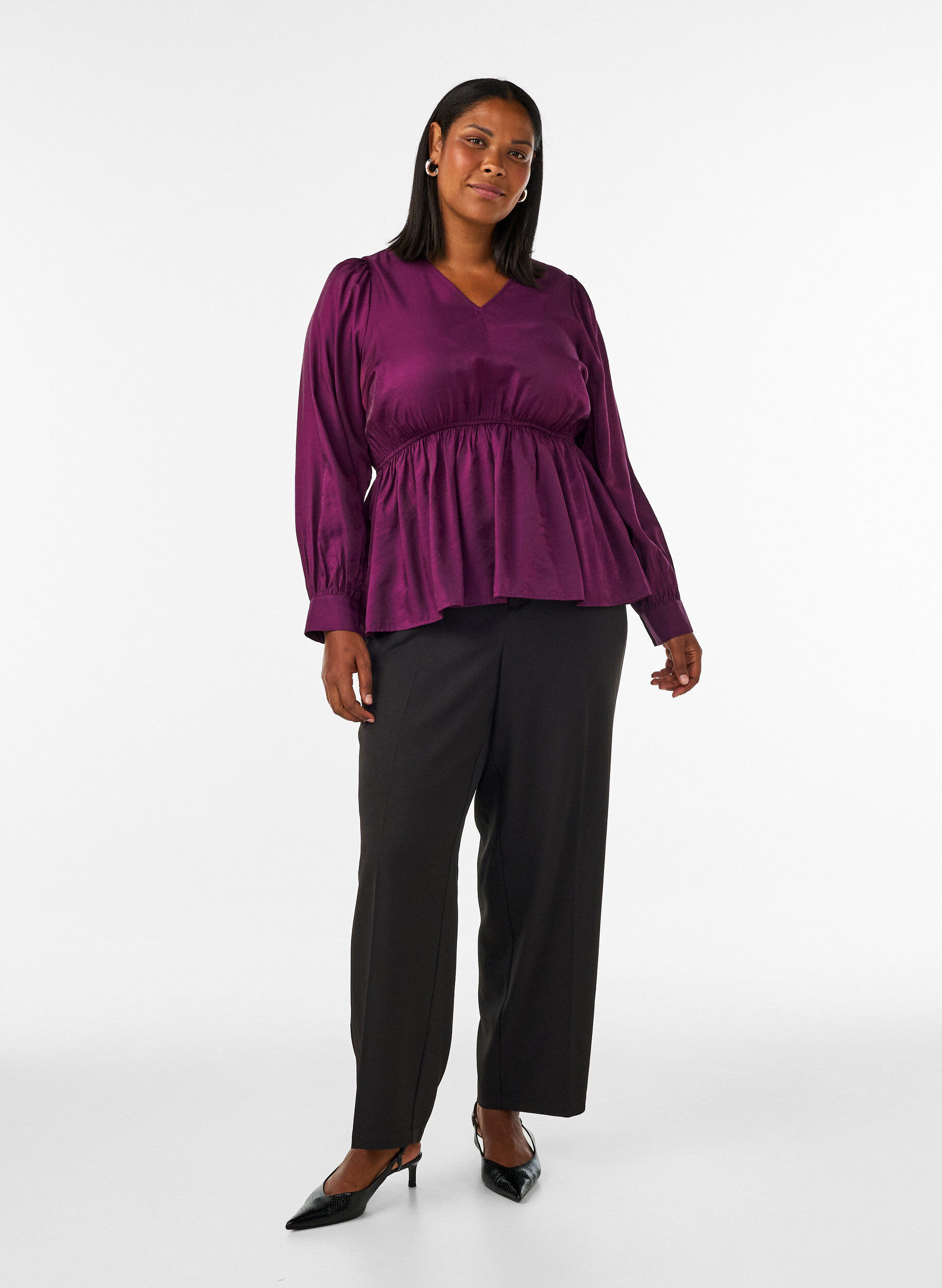 ZizziGlanzende viscose blouse met peplumeffect, Paars, Model image number 1