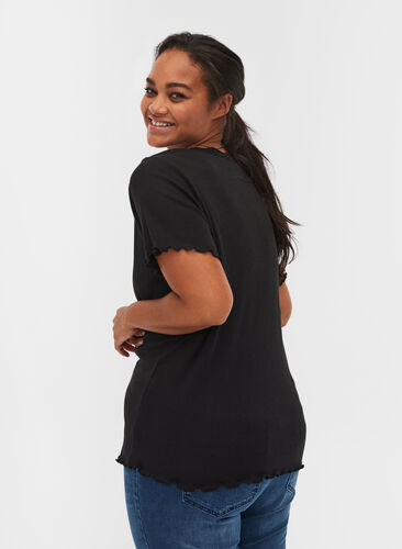 T-shirt côtelé à manches courtes avec bordure en dentelle, Black, Model image number 1