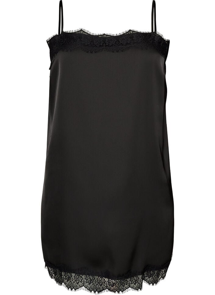 Haut long en satin bord&eacute; de dentelle, Noir, Packshot image number 0