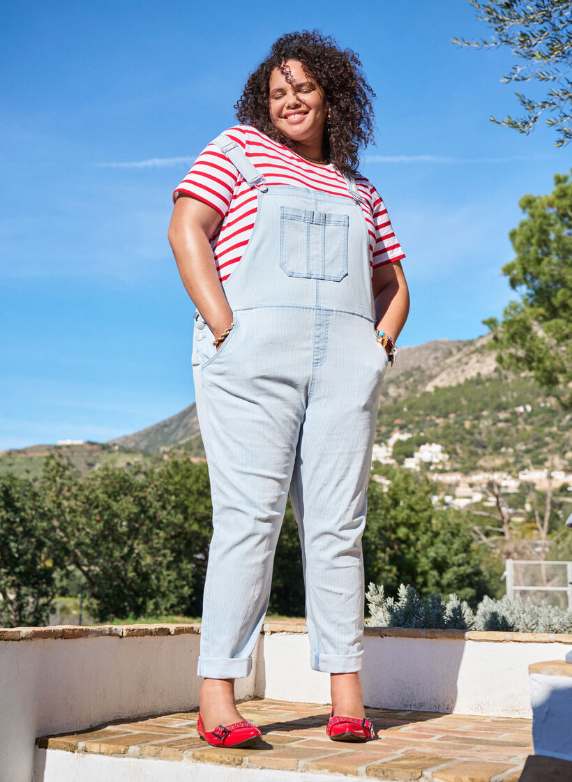 Gestreepte denim overall, Blauw, Image image number 0