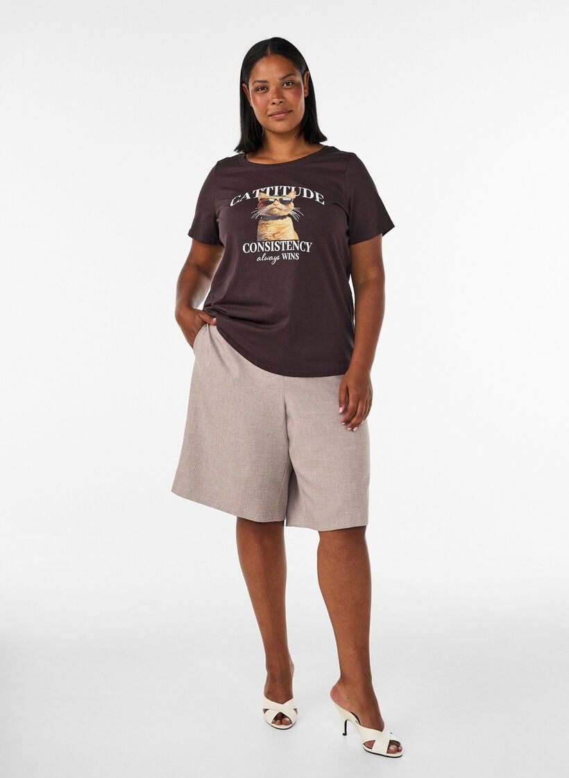 T-shirt en coton avec imprim&eacute; chat et col rond, Marron, Model image number 1