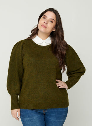 Blouse tricotée à manches ballon et laine, Ivy green Mel, Model image number 0