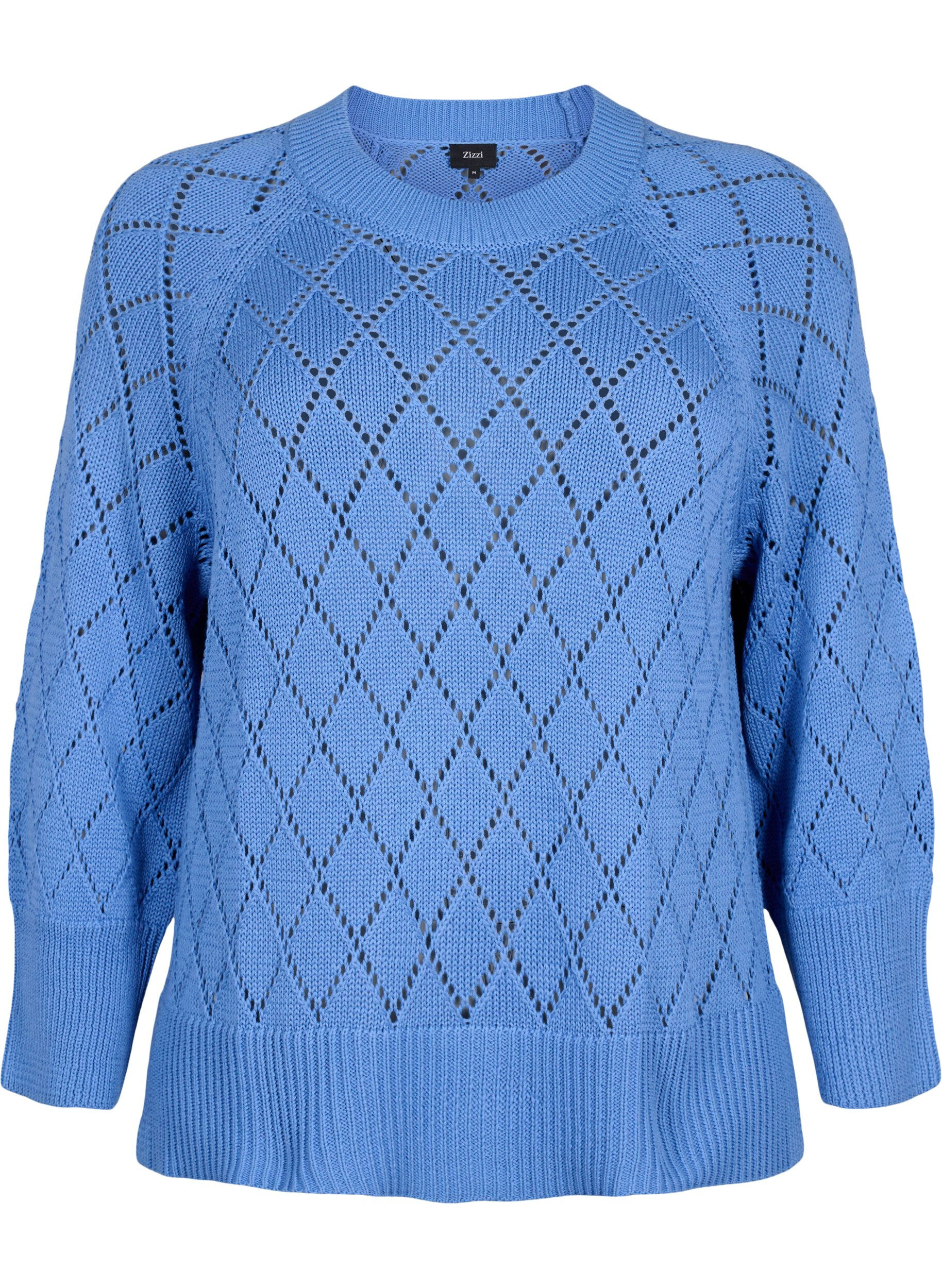 ZizziGebreide blouse met lange mouwen en een gaatjespatroon, Blue Bonnet, Packshot image number 0