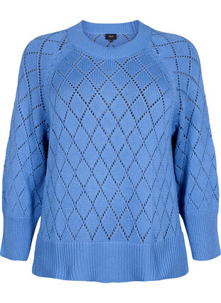 Gebreide blouse met lange mouwen en een gaatjespatroon, Blue Bonnet, Packshot image number 0