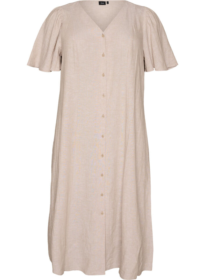 Midi jurk in linnen en viscose met ruchesmouwen, Beige, Packshot image number 0