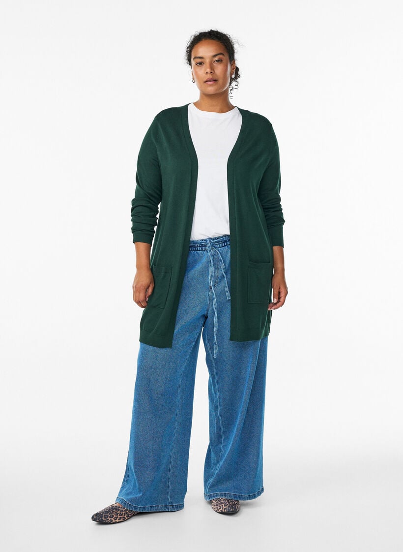 Long cardigan tricot&eacute; en m&eacute;lange de viscose, Vert fonc&eacute;, Model image number 1