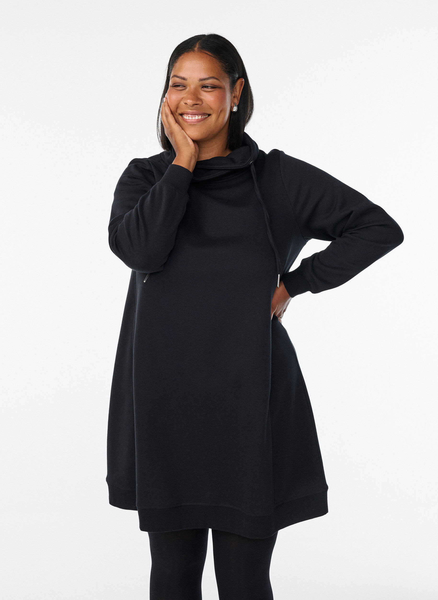 ZizziKort sweatshirt jurk met hoge kraag en zakken, Zwart, Model image number 0