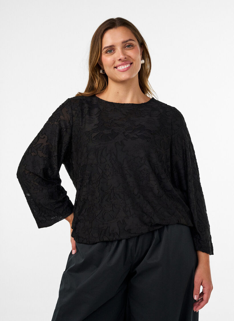 Blouse transparente avec texture florale et manches longues, Noir, Model image number 0