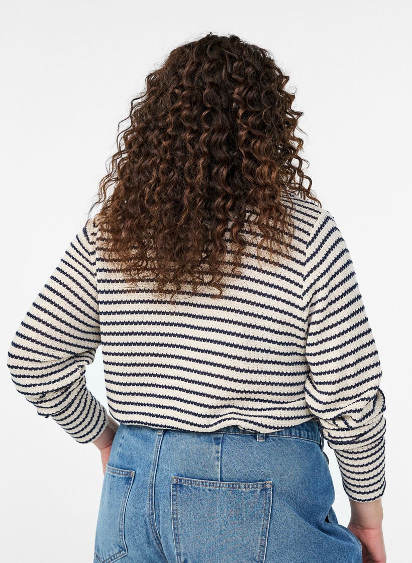 Blouse rayée en jersey avec col et décolleté en V, Beige, Model image number 2