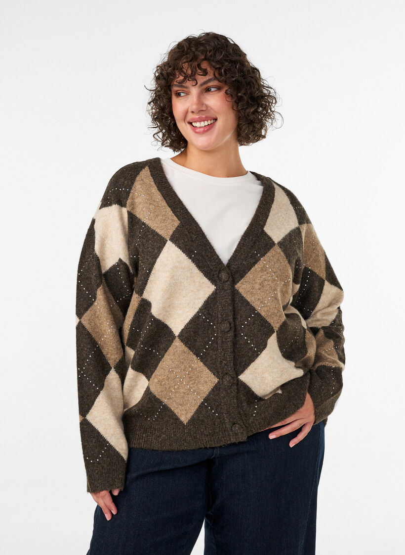 Argyle vest met strass-steentjes, Bruin, Model image number 0