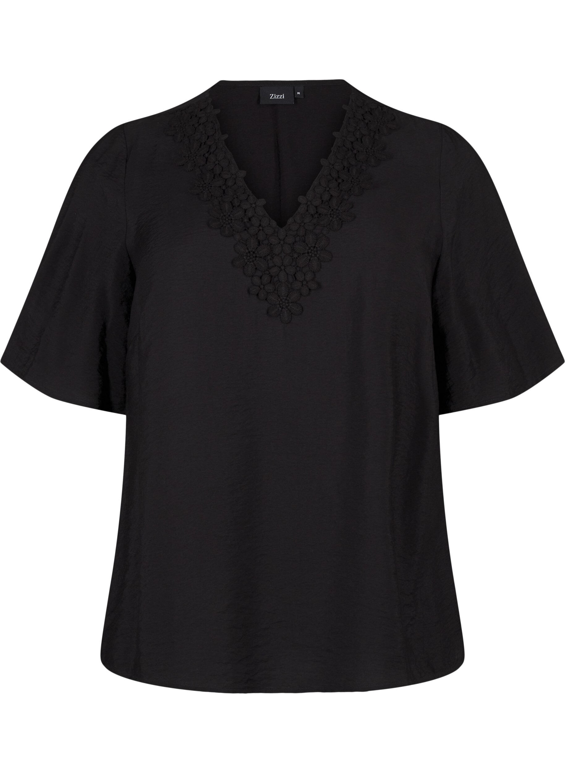 ZizziBlouse van viscose met v-hals en borduursel, Zwart, Packshot image number 0