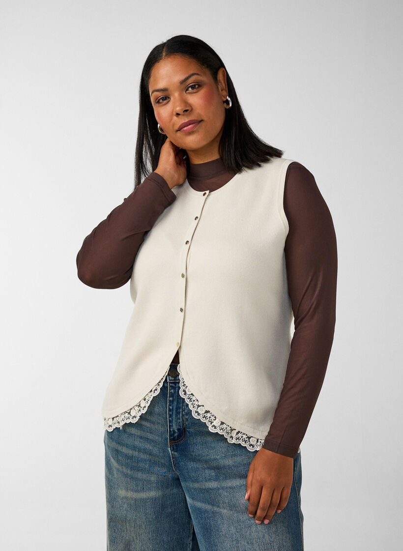 D&eacute;bardeur en maille avec bordure en dentelle, Vanille, Model image number 0