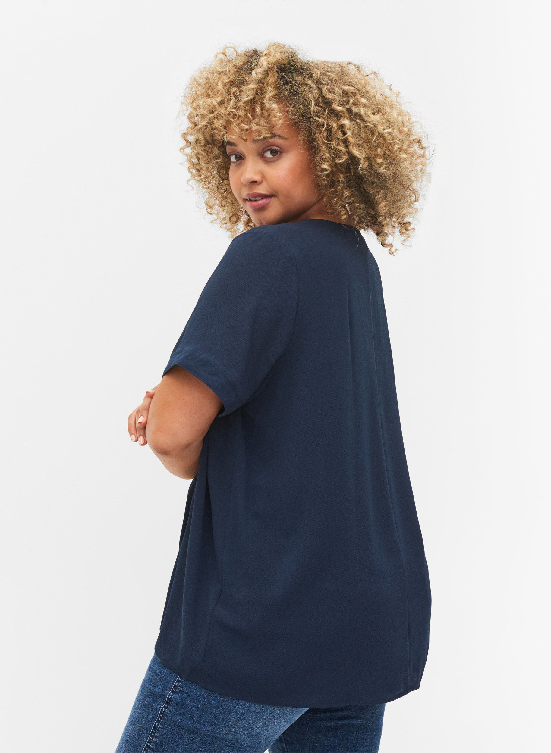 ZizziBlouse met korte mouwen en V-hals, Blauw, Model image number 2