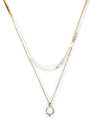 Double chaîne avec pendentif perle, Gold, Packshot image number 0