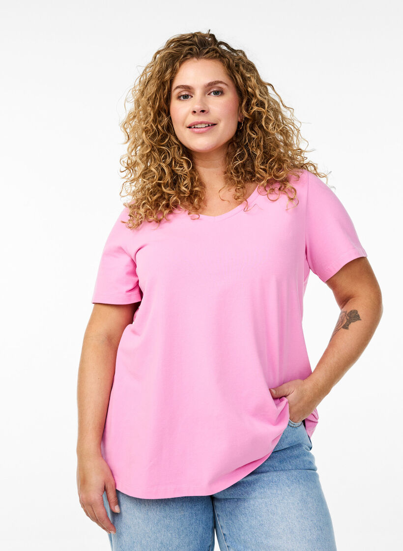 Basic effen katoenen t-shirt, Roze, Model image number 0