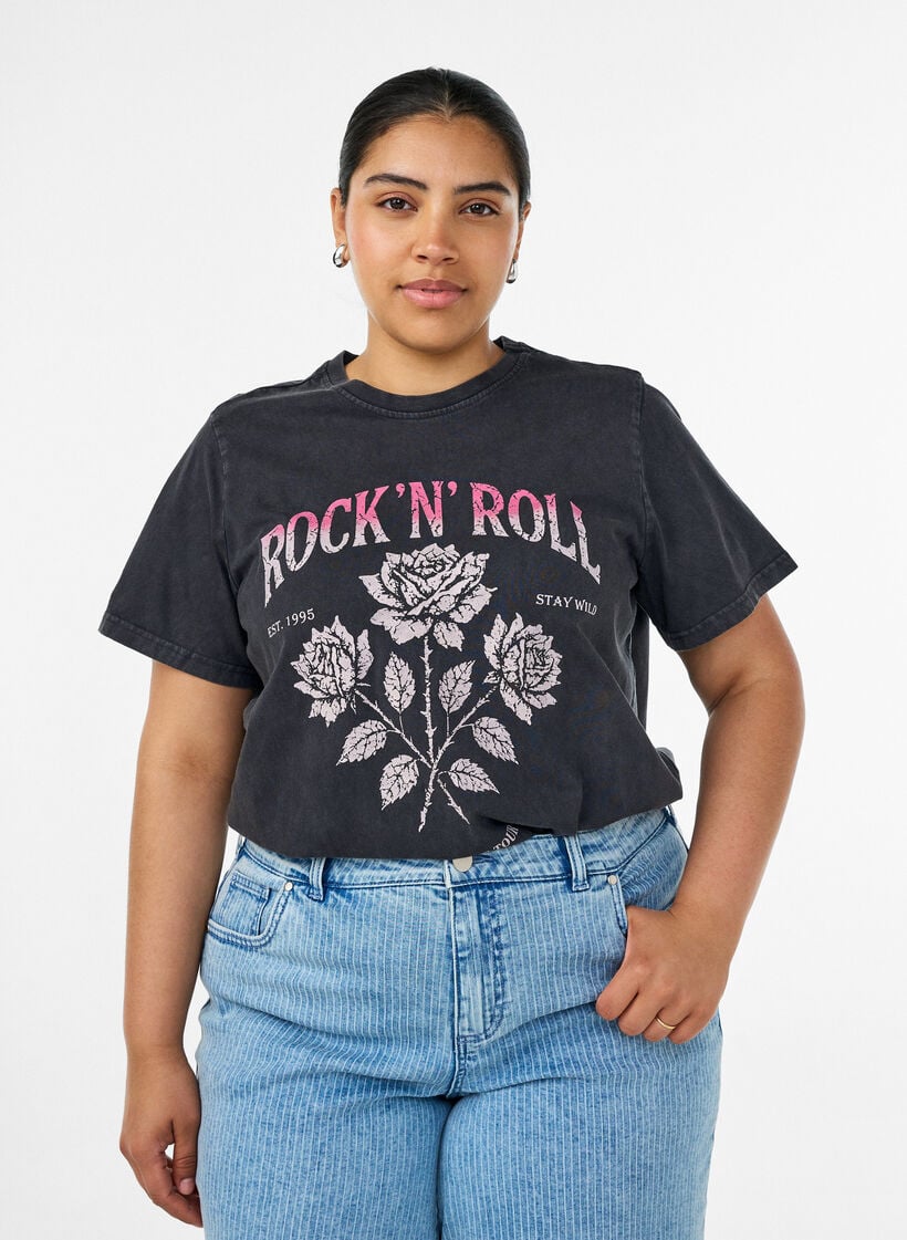 T-shirt en coton bio avec imprim&eacute; rock, Noir, Model image number 0