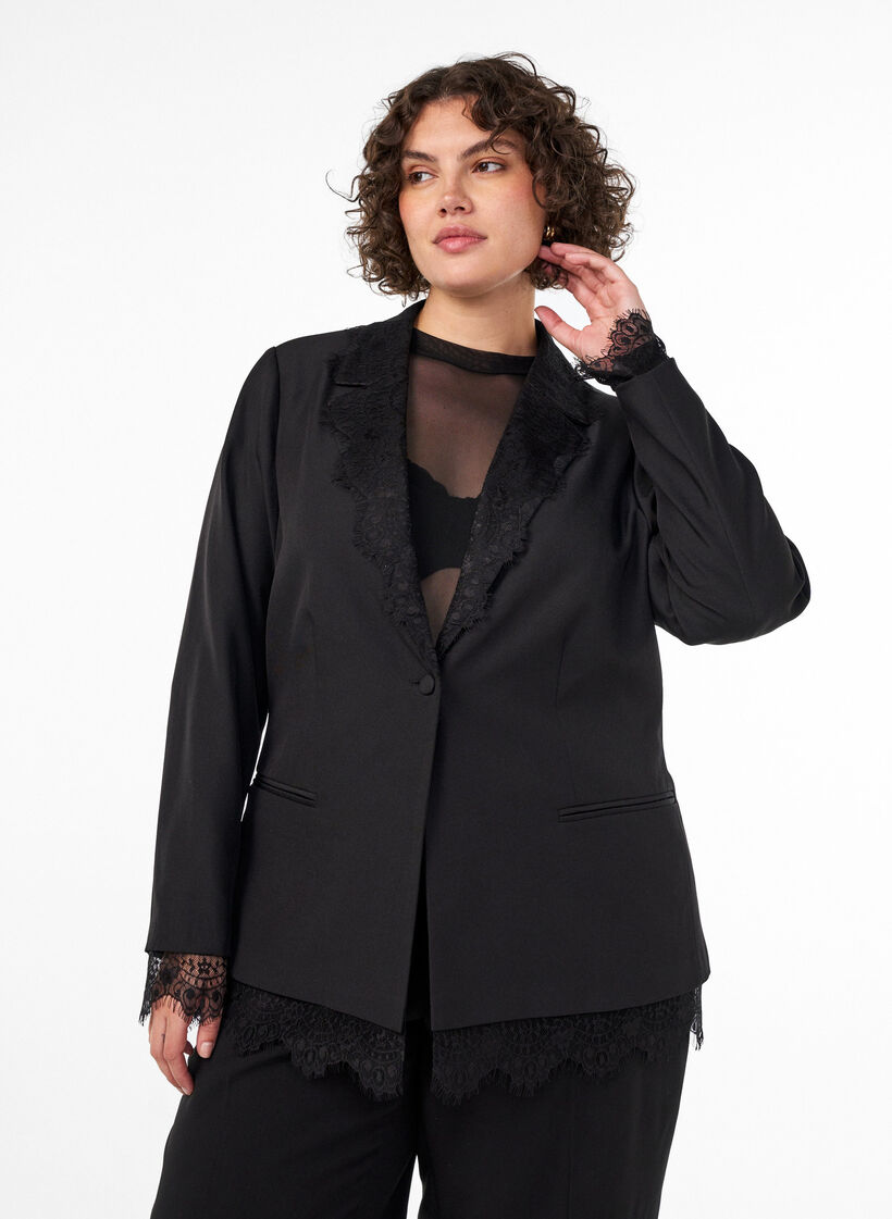 Blazer met kanten rand, Zwart, Model image number 0