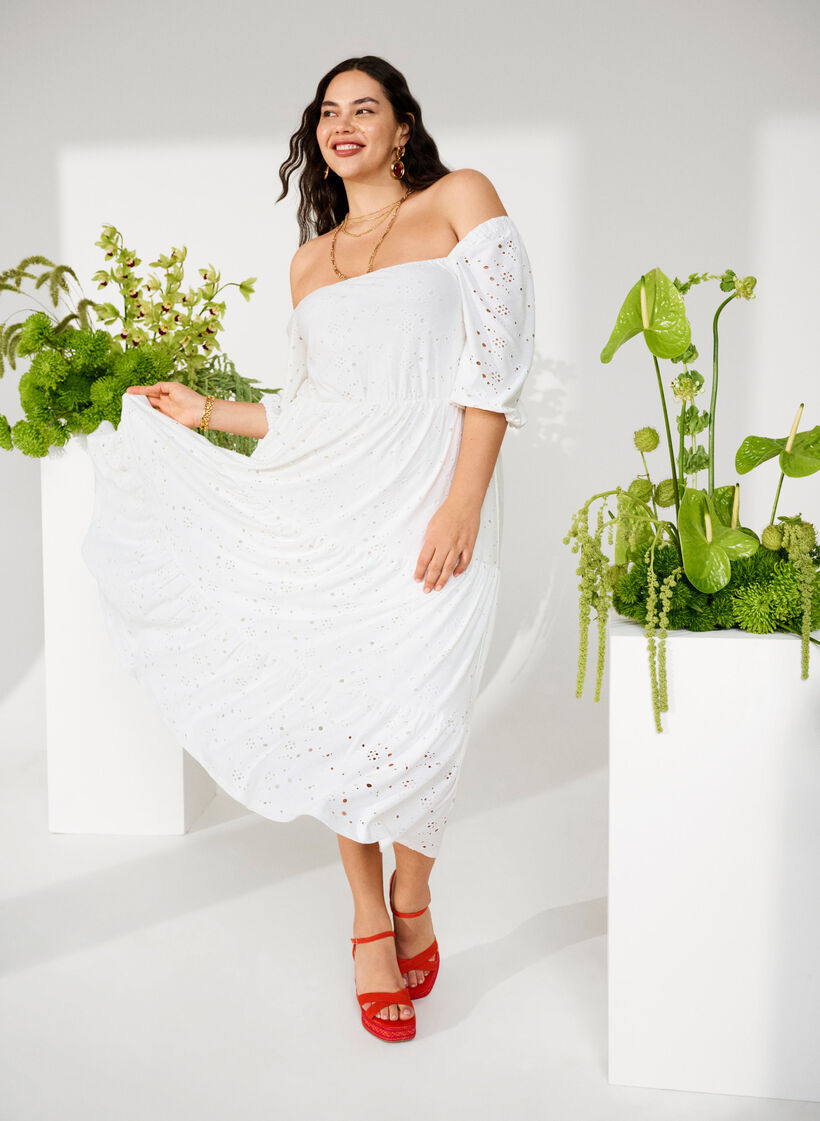 Maxi jurk met kant patroon en een vierkante halslijn, Bright White, Image