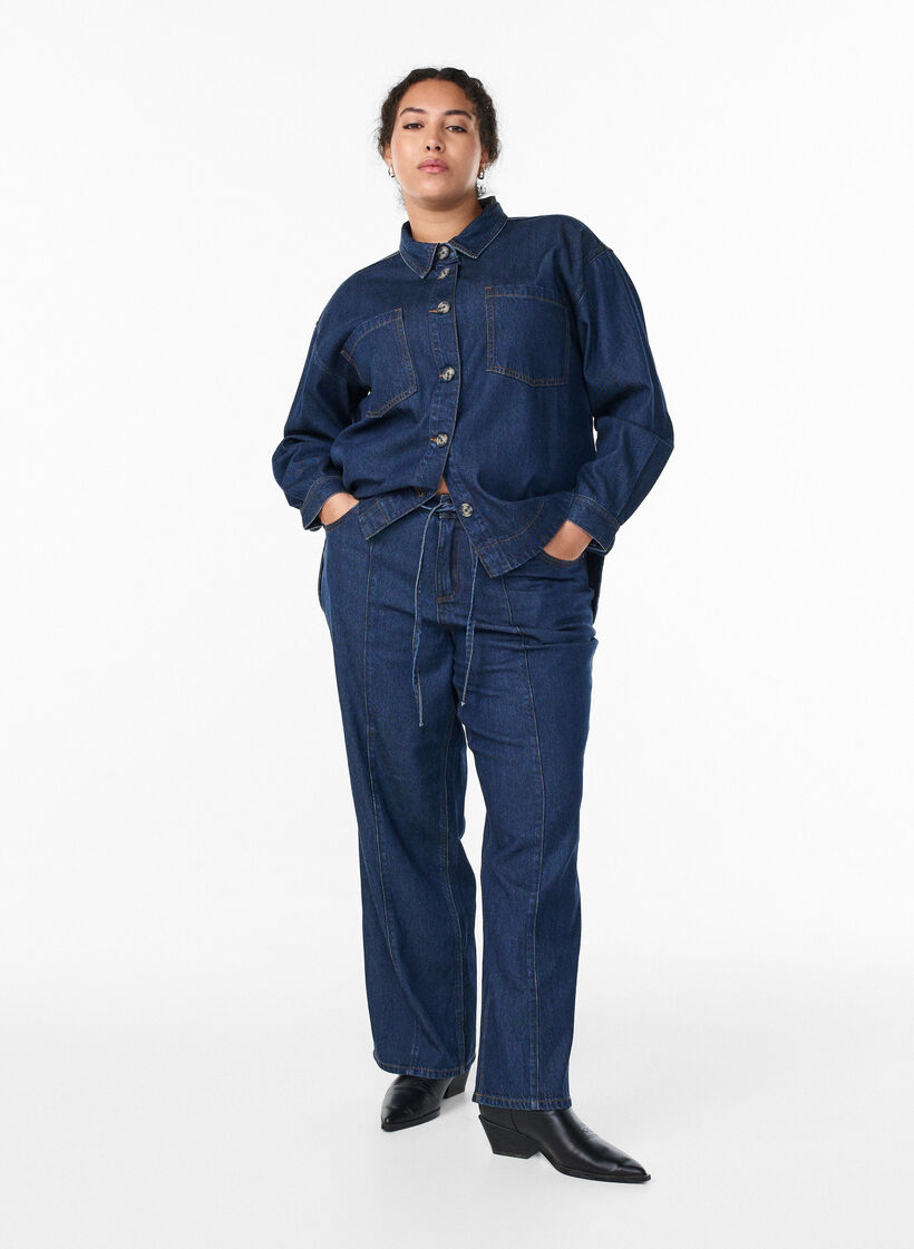 Wide leg jeans met strikceintuur en hoge taille, Blauw, Model image number 0