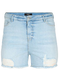 Korte spijkerbroek met versleten details, Light Blue Denim, Packshot