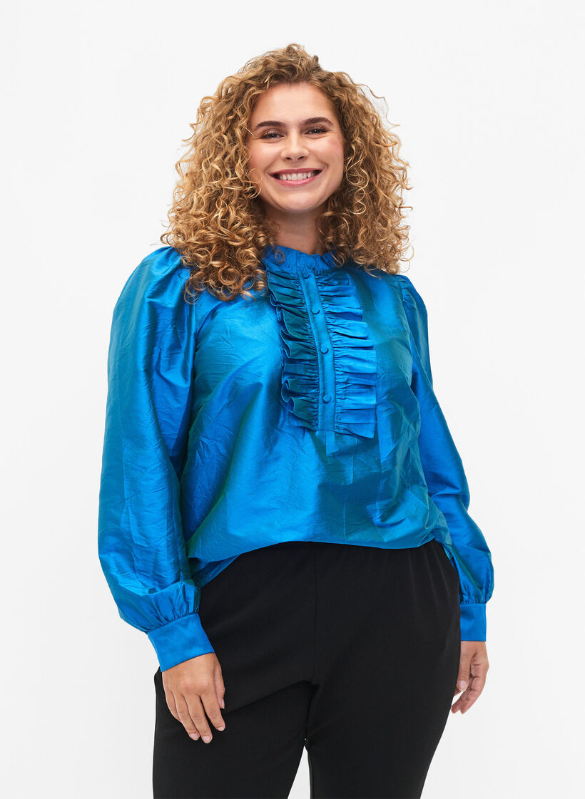Glanzende shirtblouse met ruches, Diva Blue, Model image number 0