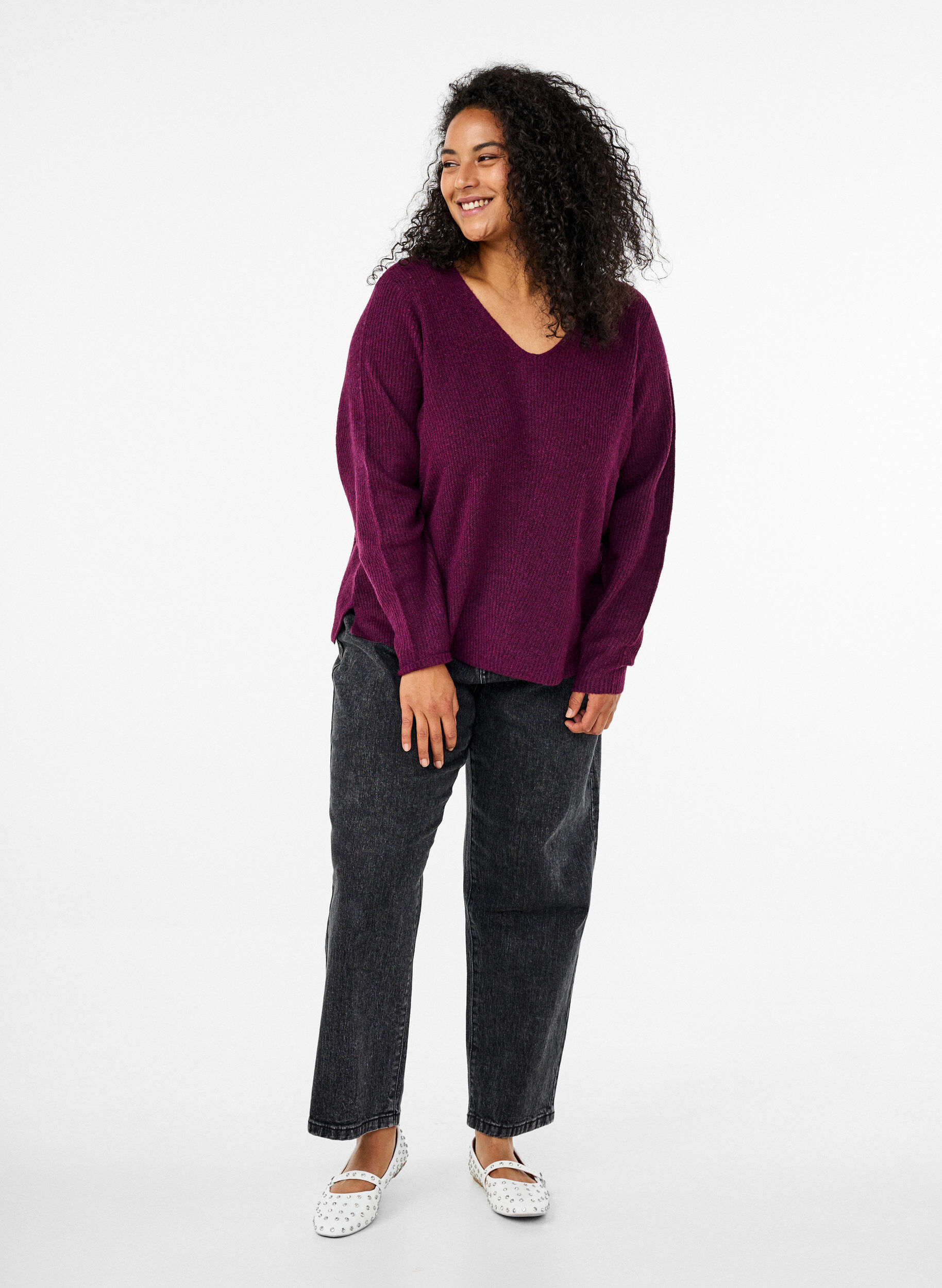 ZizziGebreide blouse met V-hals en lange mouwen, Potent P. Black Mel., Model image number 2