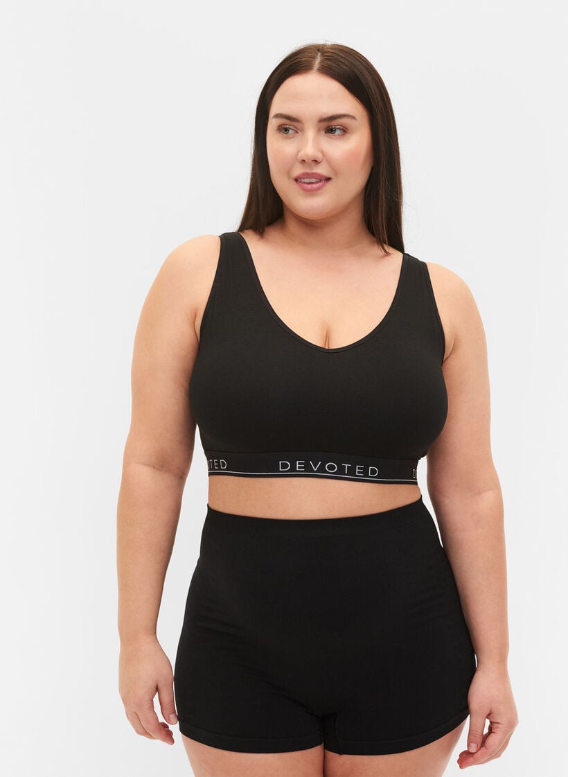 Katoenen beha met V-hals en tekstprint, Zwart, Model image number 1