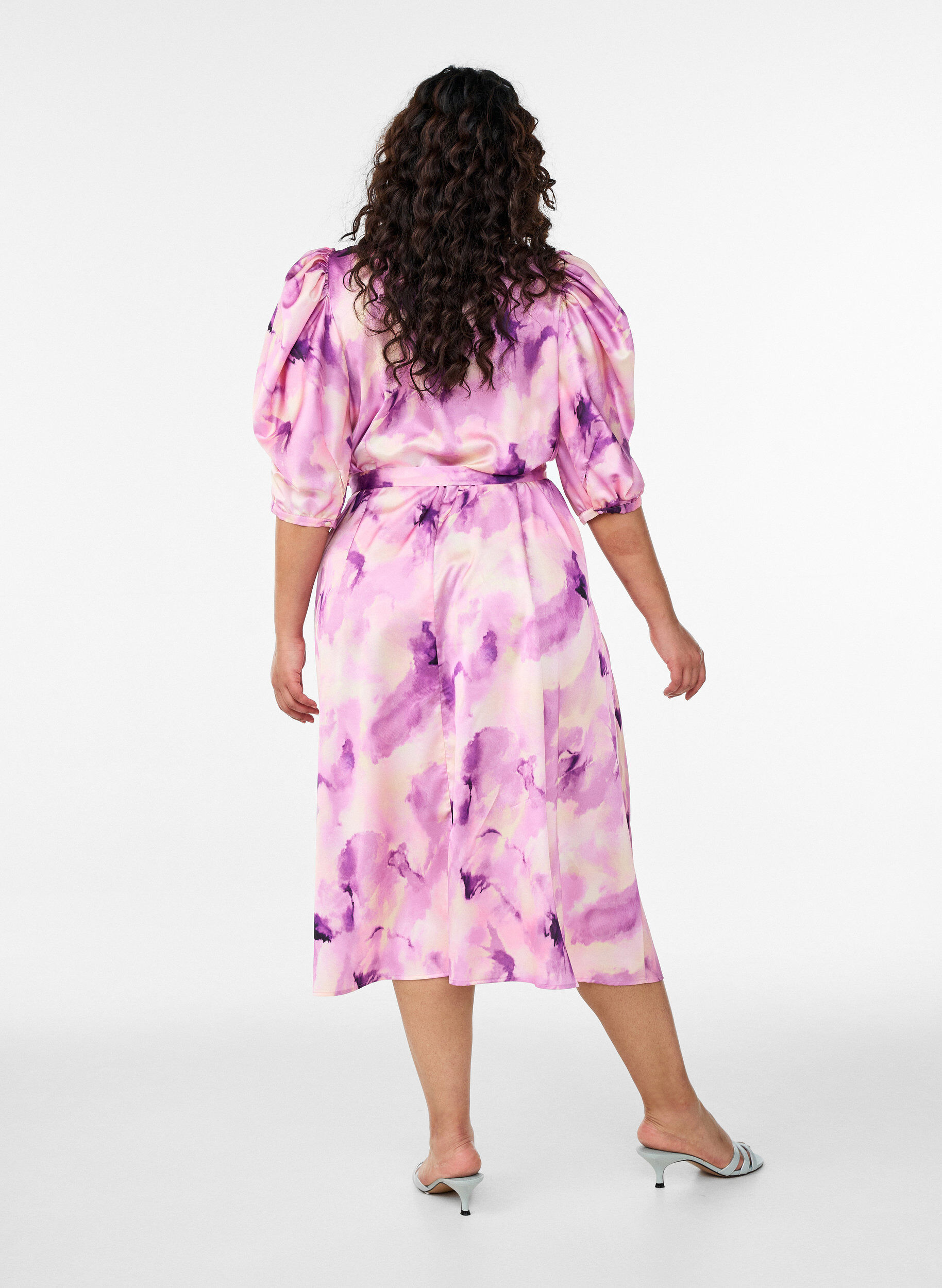 ZizziFeestjurk met korte mouwen en strikceintuur, Paars, Model image number 1