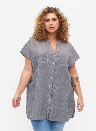Chemise à manches courtes en coton à rayures, Black Stripe, Model image number 0
