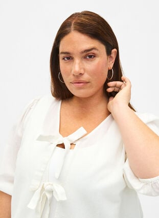 Katoenen blouse met 3/4 mouwen in een katoenmix met linnen, Bright White, Model image number 2
