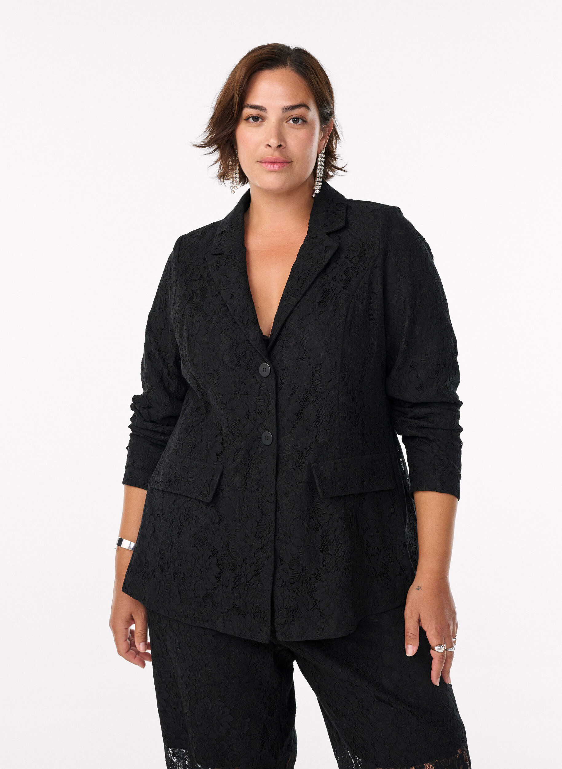 ZizziKanten blazer met knoopsluiting, Zwart, Model image number 0