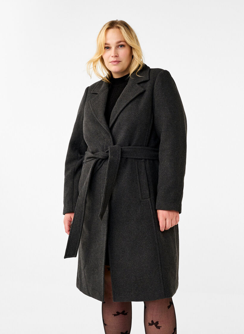 Manteau en laine long avec ceinture, Dark Grey Melange, Model image number 0