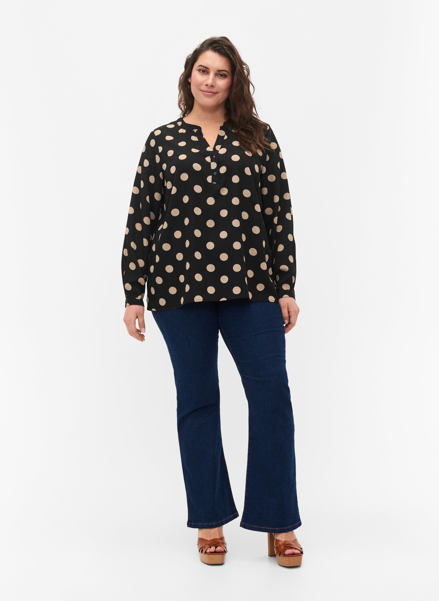 ZizziFLASH - Blouse met lange mouwen en print, Black Brown Dot, Model image number 2