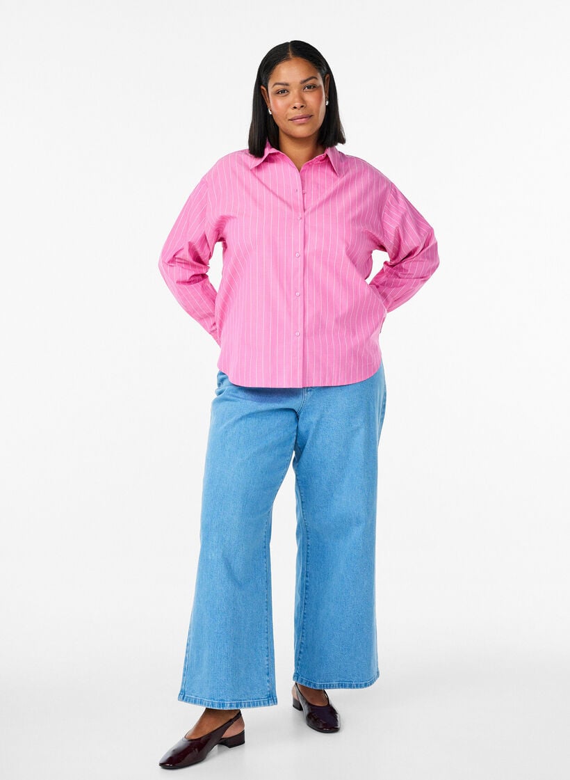 Overhemdbluse met krijtstreep en strikdetail achteraan, Roze, Model