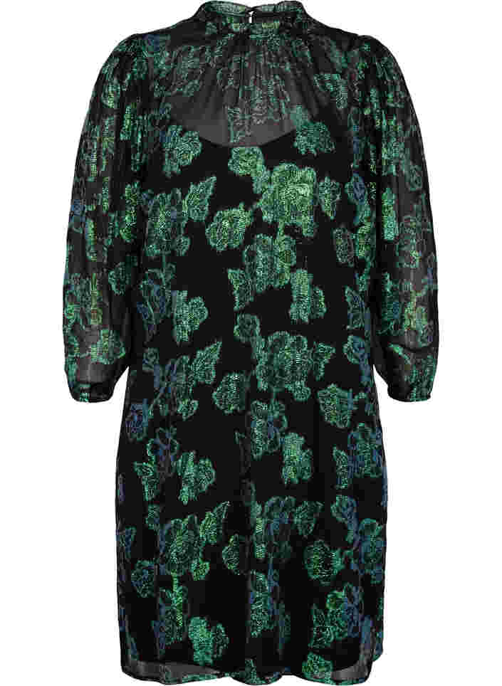 Gebloemde viscose jurk met lurex structuur, Black w. Green Lurex, Packshot image number 0