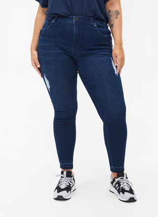 Super slim fit Amy jeans met slijtage, Dark blue denim, Model image number 2