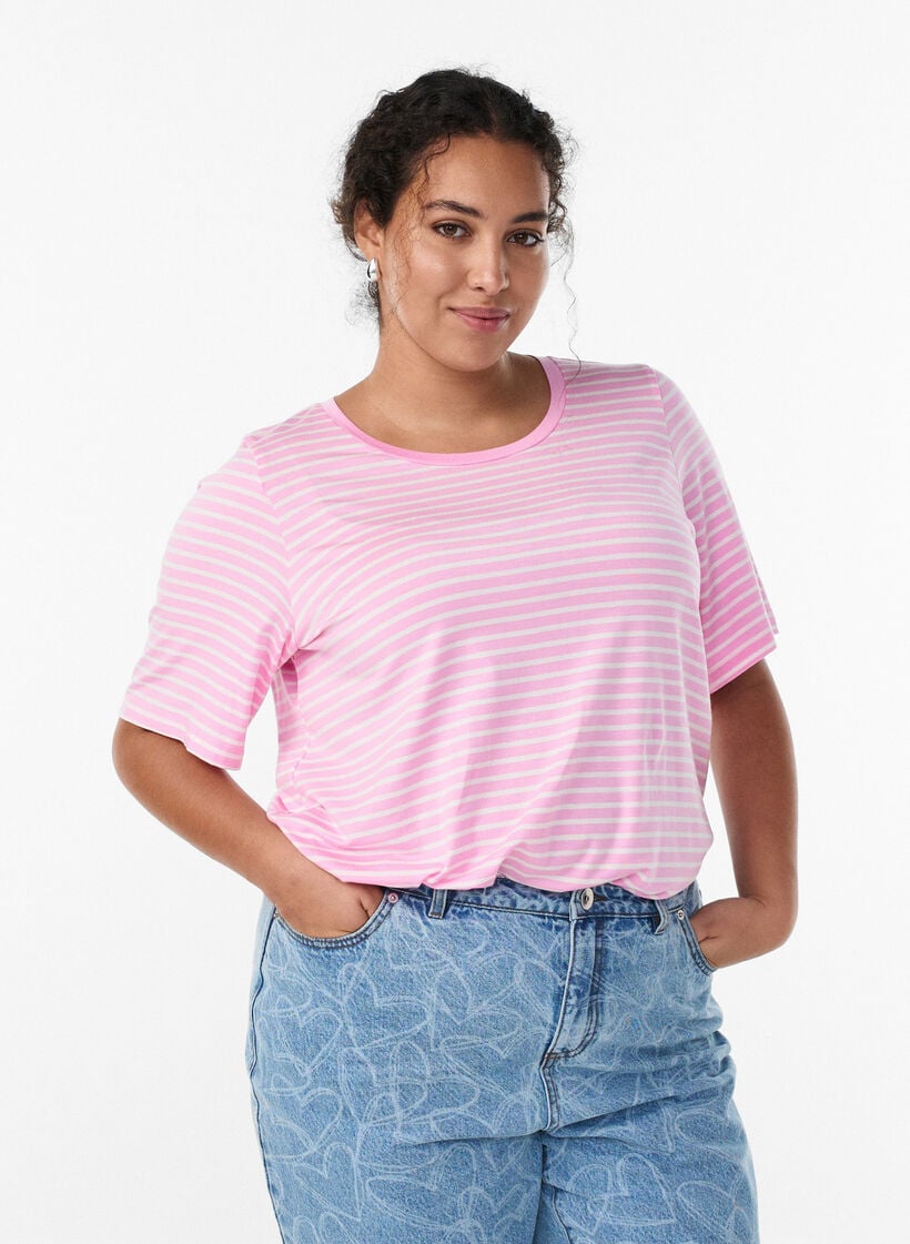 T-shirt en TENCEL&trade; Lyocell &agrave; rayures, Rose, Model image number 0