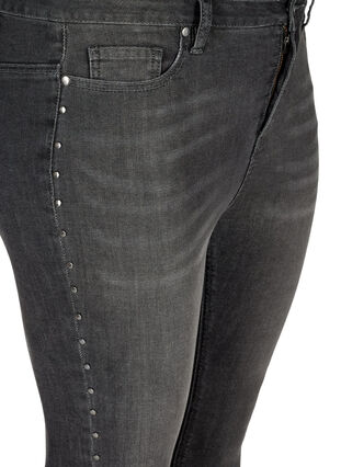 Jean Amy taille haute avec des rivets dans les coutures latérales, Dark Grey Denim, Packshot image number 2