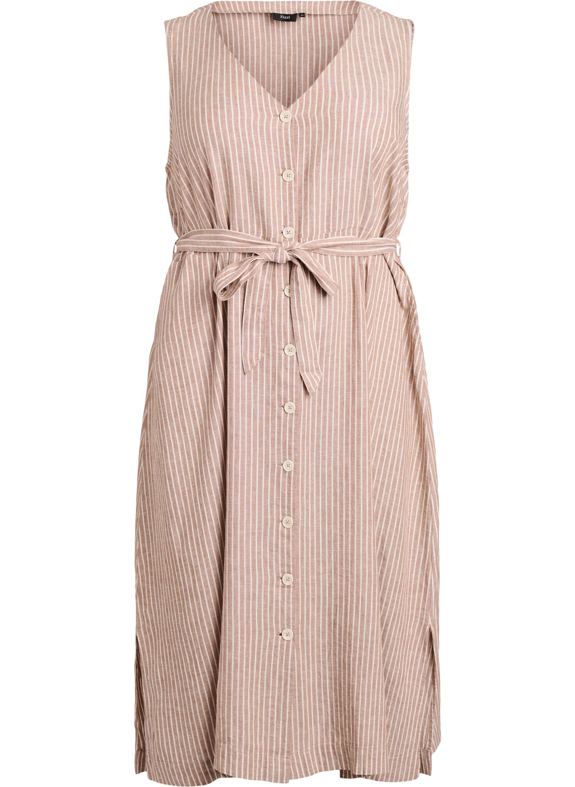 ZizziRobe midi sans manches &agrave; rayures en lin et viscose, Beige, Packshot image number 0