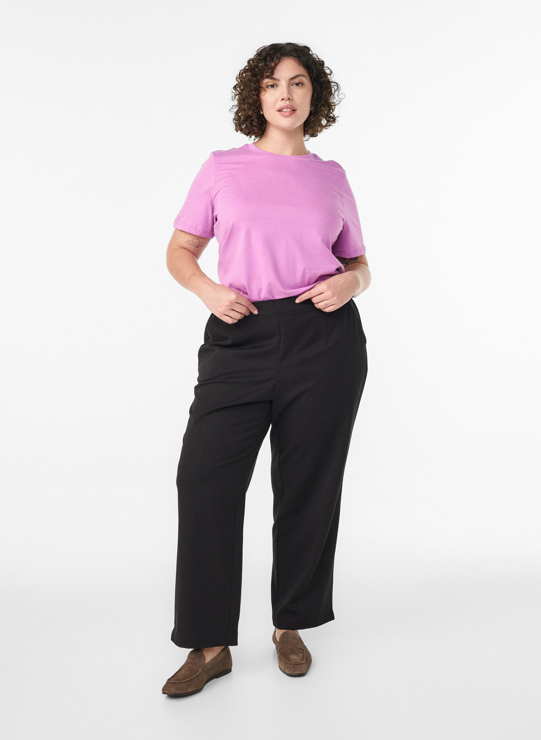 ZizziBasic katoenen T-shirt met ronde hals, Paars, Model image number 1