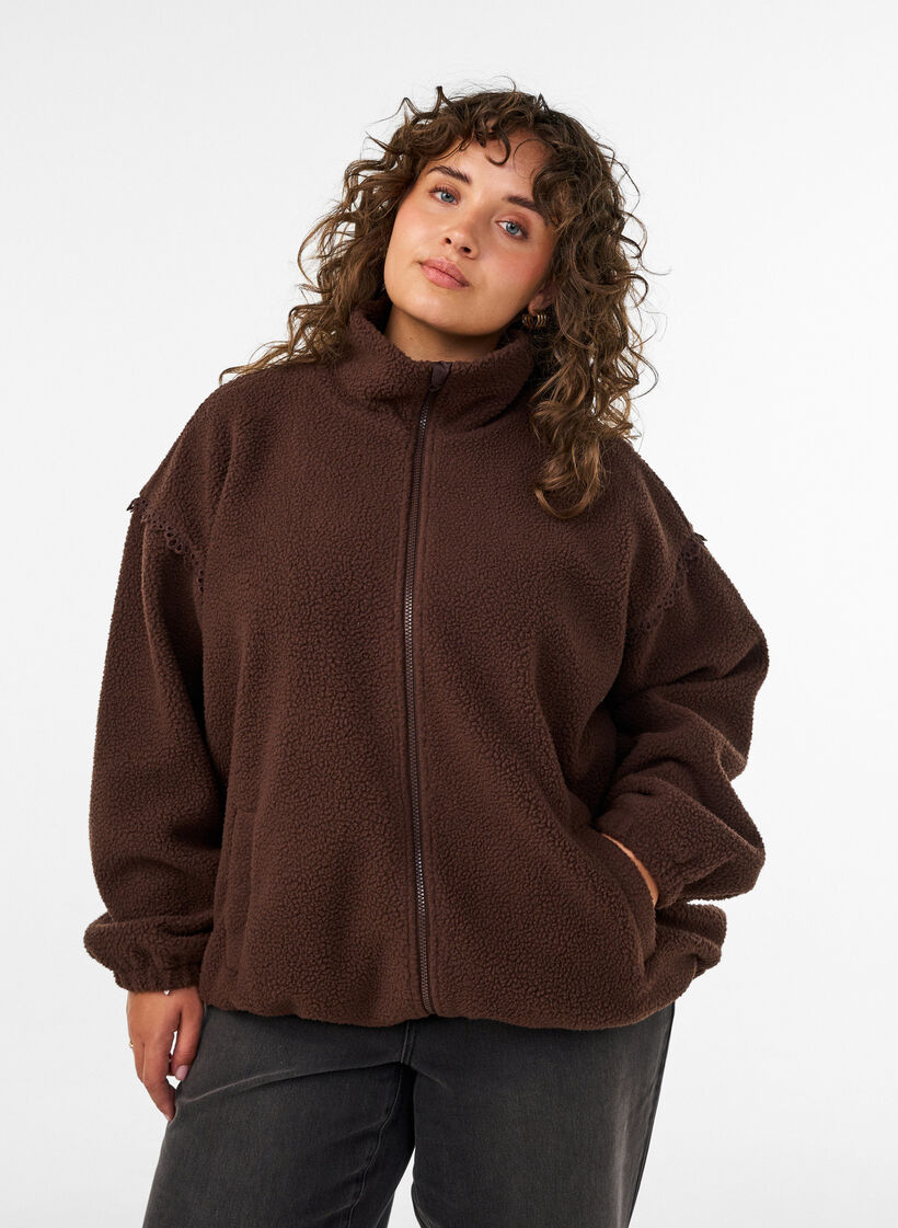 Veste teddy avec finitions en broderie anglaise et col montant, Marron, Model image number 0